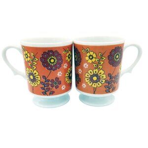 Pedestal Coffee Cups Vintage Yellow Flowers Orange 3.75 Inch 1970s Retro Kitschy